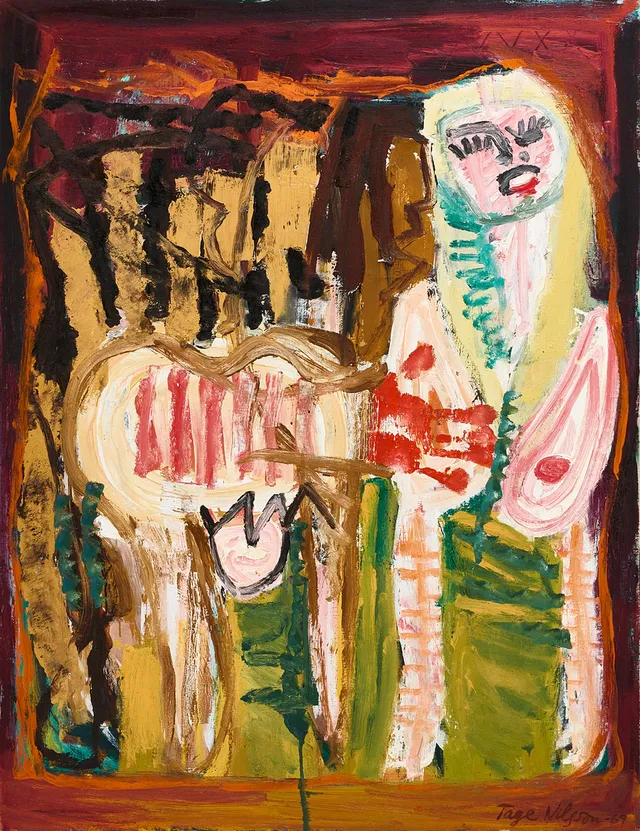 TAGE NILSSON (1926-1997). Figurkomposition, signerad, daterad -69, olja på duk.
