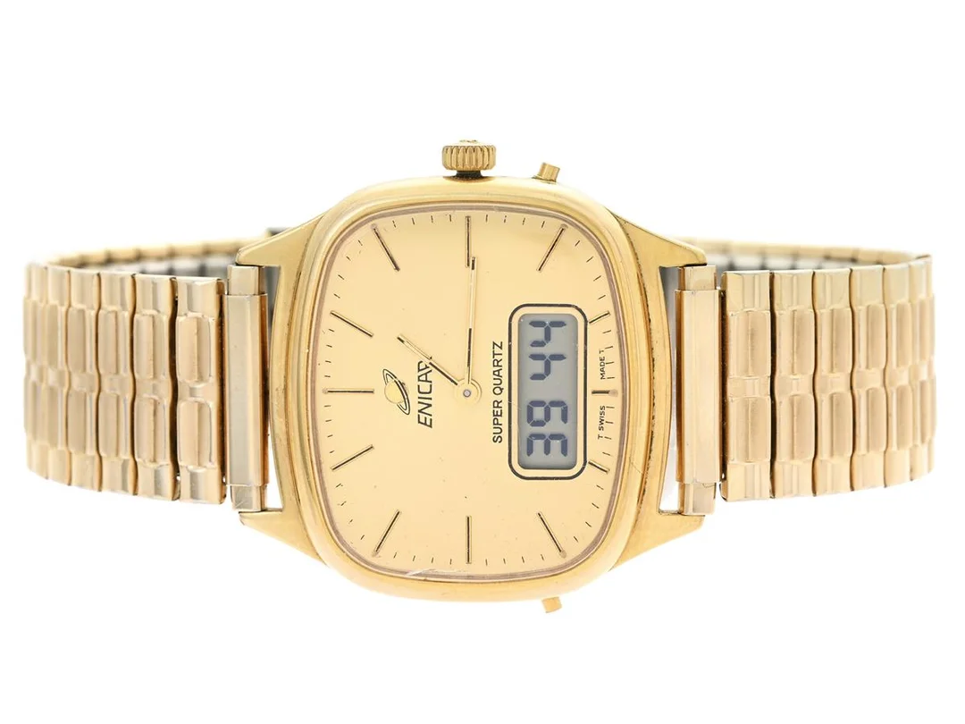 ENICAR, Super Quartz (T Swiss Made T), Boett nr. 380.002.001 / 2398, herrur, 35 mm, analog/digital, doublé, quartz, plexiglas, ca 1980, metallänk ej original. — Klockor/Enicar — Kaplans