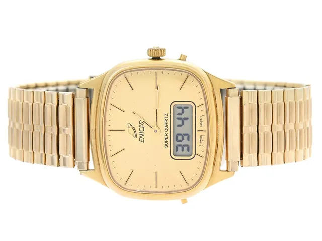 ENICAR, Super Quartz (T Swiss Made T), Boett nr. 380.002.001 / 2398, herrur, 35 mm, analog/digital, doublé, quartz, plexiglas, ca 1980, metallänk ej original.