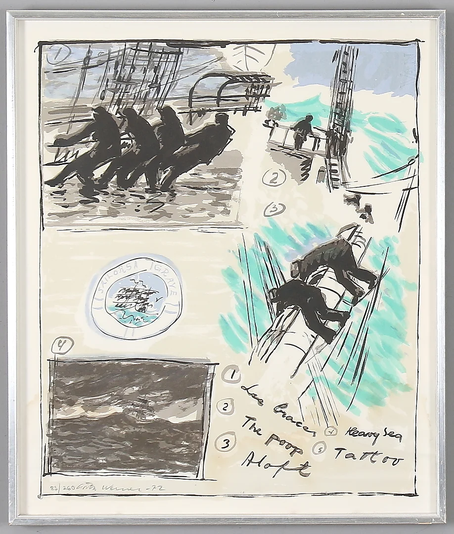 GÖSTA WERNER. Marint motiv, litografi, signerad och numrerad 83/260. daterad -72. — Engravings & Prints — Stadsauktion Sundsvall