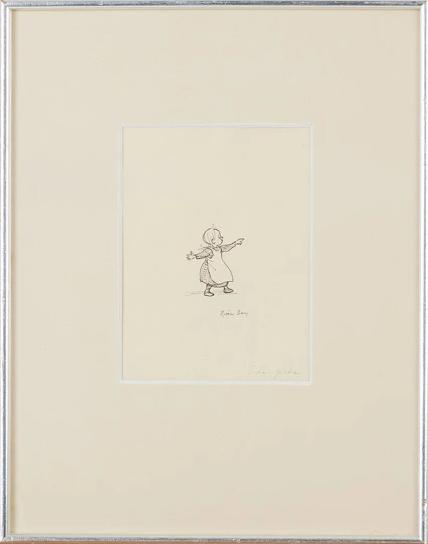 BJÖRN BERG (1923-2008). "Ida pekar", illustration till Astrid Lindgrens "Emil i Lönneberga", tusch på papper, signerad Björn Berg. — Drawings — Stockholms Auktionsverk Magasin 5
