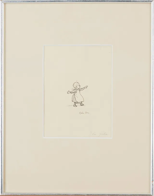 BJÖRN BERG (1923-2008). "Ida pekar", illustration till Astrid Lindgrens "Emil i Lönneberga", tusch på papper, signerad Björn Berg.