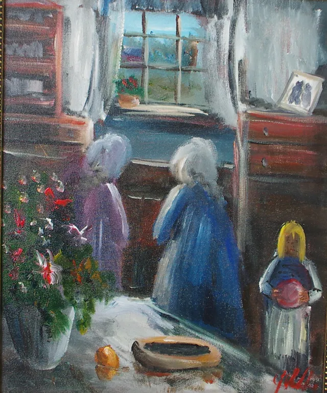 GÖTE LUNDBERG. Interiör med familj, olja på duk, signerad G. Lundberg.