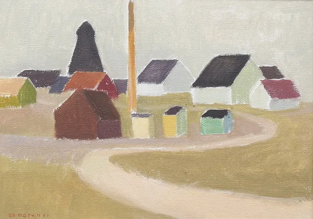MARTIN NORÉN. Landsväg genom by. Olja på duk, uppfodrad på pannå, signerad och daterad 51.