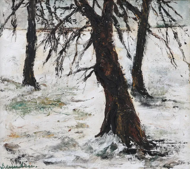 HANNA BRUNDIN (1914-2000). Trädstammar i vinterlandskap, olja på duk, signerad.