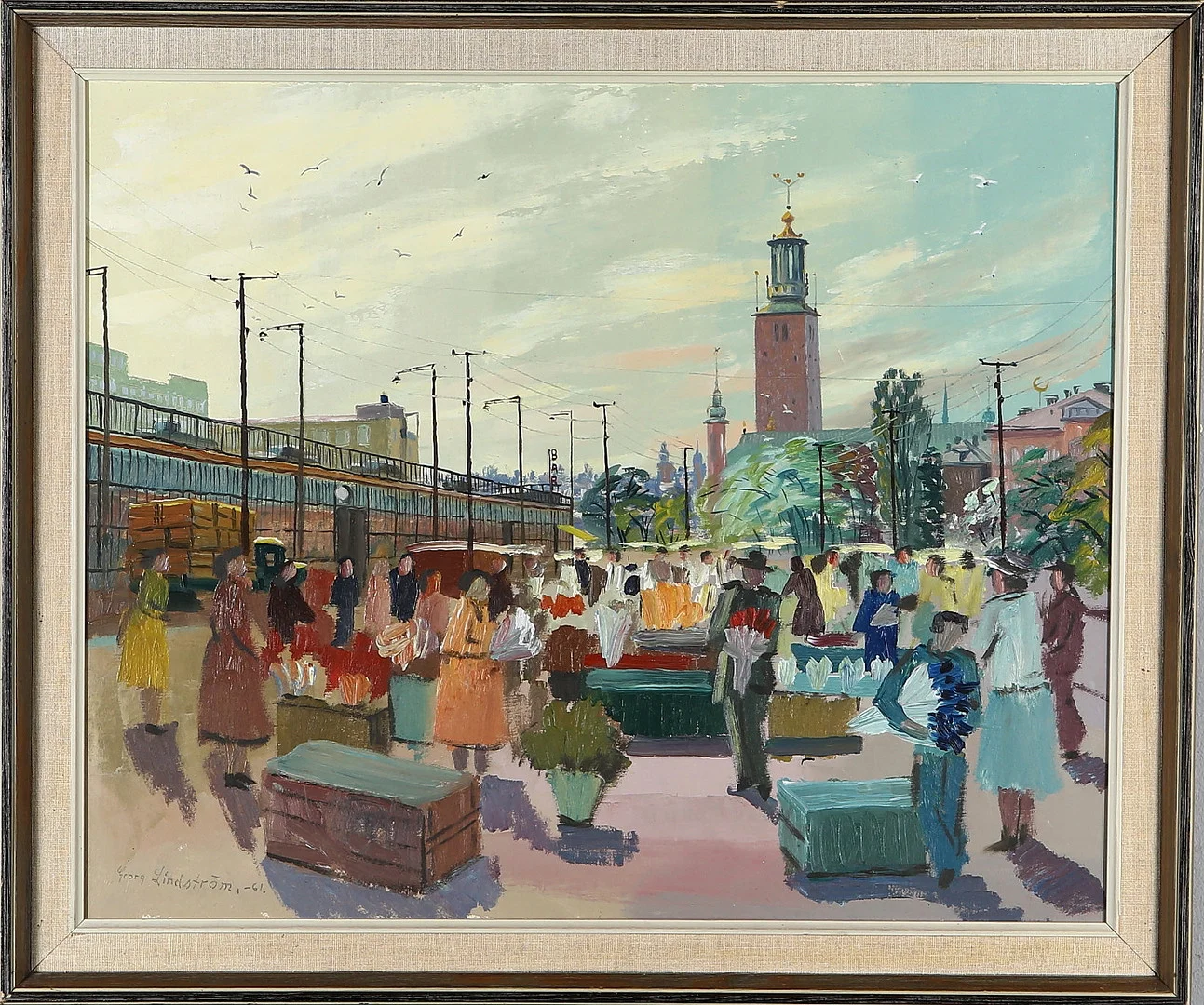 GEORG LINDSTRÖM. Stockholmsmotiv, olja på duk uppsatt på pannå, signerad och daterad -61. — Paintings — Auktionshuset Kolonn