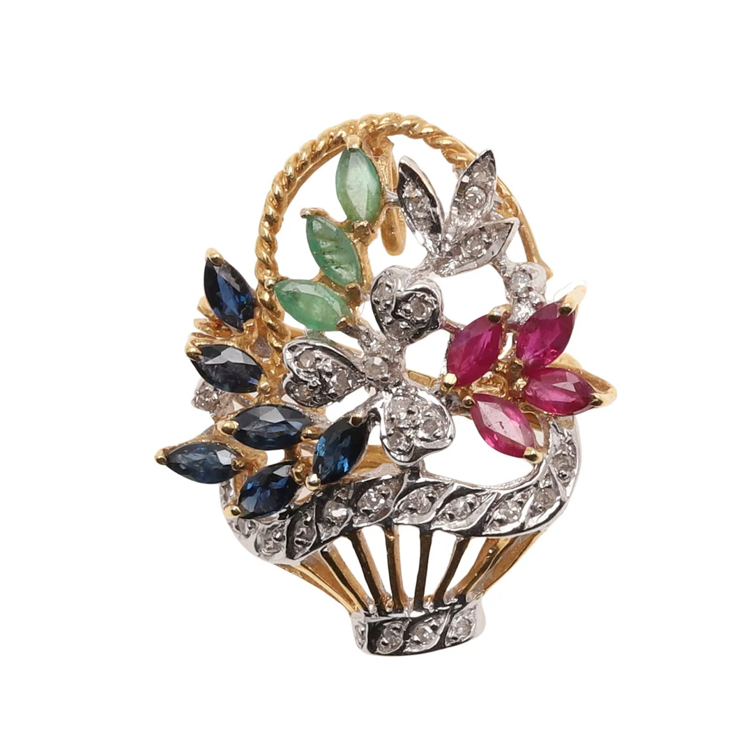 A MODERN 18CT GOLD RUBY, EMERALD AND DIAMOND GIARDINETTO BROOCH. — Brooches & Pendants — Lawrences Auctioneers