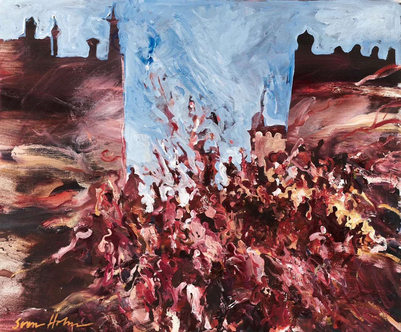SVEN HOLM (född 1934): Röd komposition med husfasader, signerad Sven Holm, olja på duk. — Paintings — Crafoord Auktioner Stockholm