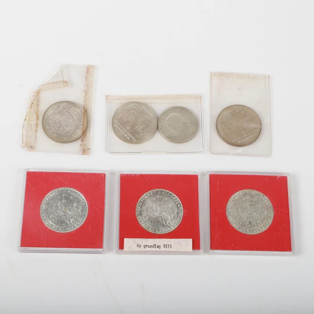 MINNESMYNT, 7 stycken, Sverige, 1900-tal. — Coins & Banknotes — Helsingborgs Auktionskammare