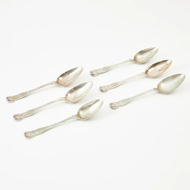 MATSKEDAR, 6 st., silver, modell engelsk snäck, snarlika utföranden, delvis Möllenborg 1860.