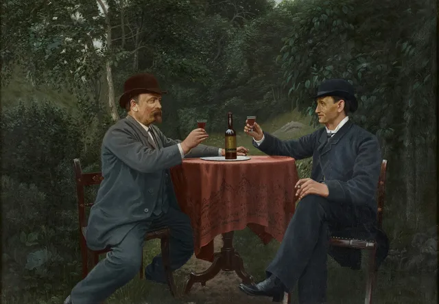 NATHANAEL "NATAN" JOHANSSON (1840-1904). olja på duk, "Midsommar i det gröna" Enligt uppgift är mannen till höger konstnären Carl Larsson (ej C.L. i Sundborn).