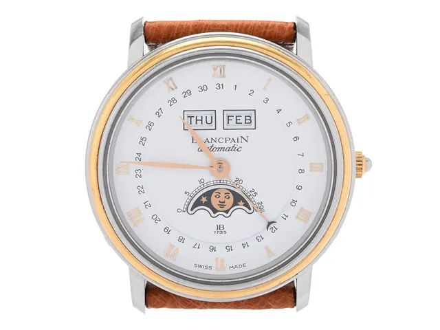 BLANCPAIN, Villerét, "Triple Calendar Moonphase", Cal 6595, Boett nr. 1367, herrur, 34 mm, stål/guld, automatisk, safirglas (nagg), dag, datum, månad, månfas, läderband, originalspänne i doublé, ca 1995, etui (ej komplett).