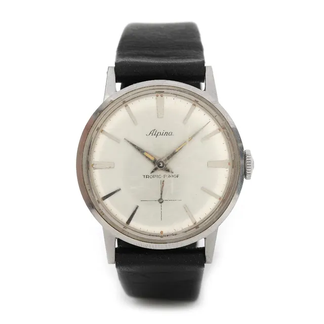 Tropic-proof of steel. Ref. 748561. Mechanical movement with automatic winding. Black leather strap. Ø 34.