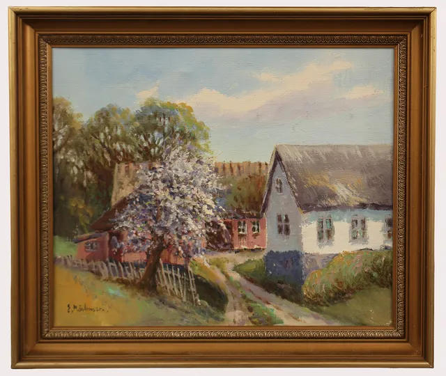 ELSA MÅRTENSSON, olja på duk, Skånegård med blommande träd, signerad.