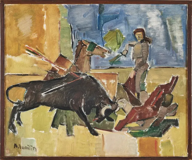 ALVAR LUNDIN (1894-1975). tjurfäktning, olja på duk uppfodrad på pannå, signerad.