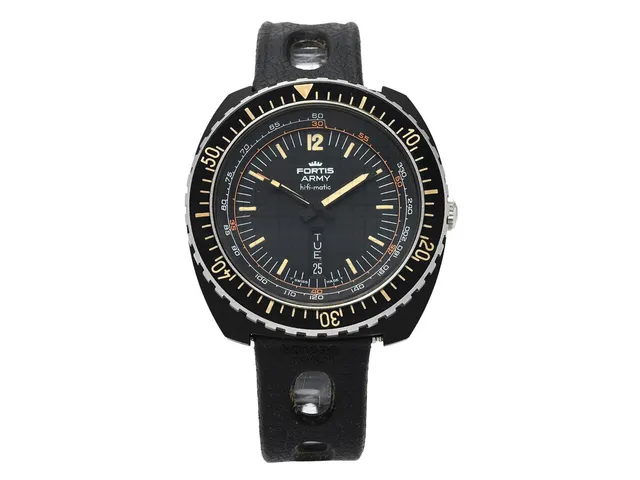 FORTIS, Army,Hifi-Matic (T Swiss Made T), Cal ETA 2790-1, Serie nr. 027, Boett nr. 266.11.48, herrur, 44 mm, svart stål, automatisk, mineralglas, dag, datum, läderband, ca 1970.