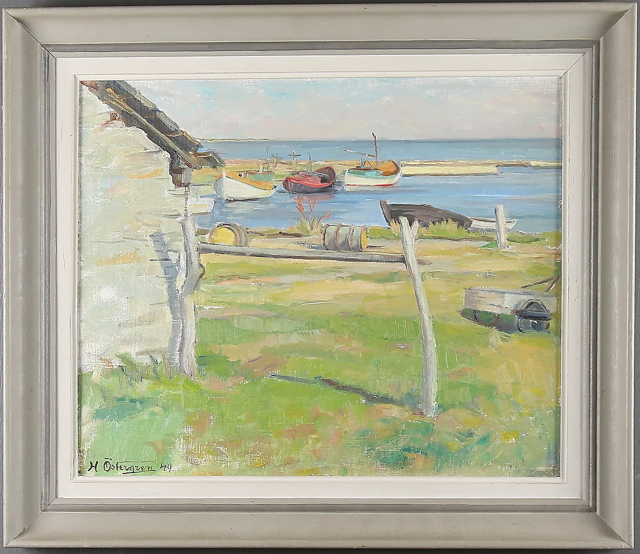 HARALD ÖSTERGREN. Fiskeläger, Öland, olja på pannå, signerad och daterad 49. — Paintings — Stadsauktion Sundsvall