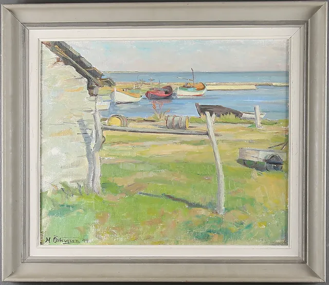 HARALD ÖSTERGREN. Fiskeläger, Öland, olja på pannå, signerad och daterad 49.
