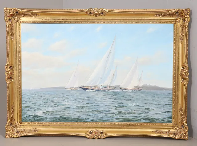 STEPHEN J. RENARD (B. 1947). RACING YACHTS OFF THE ISLE OF WIGHT WITH QUARR ABBEY IN THE DISTANCE.
