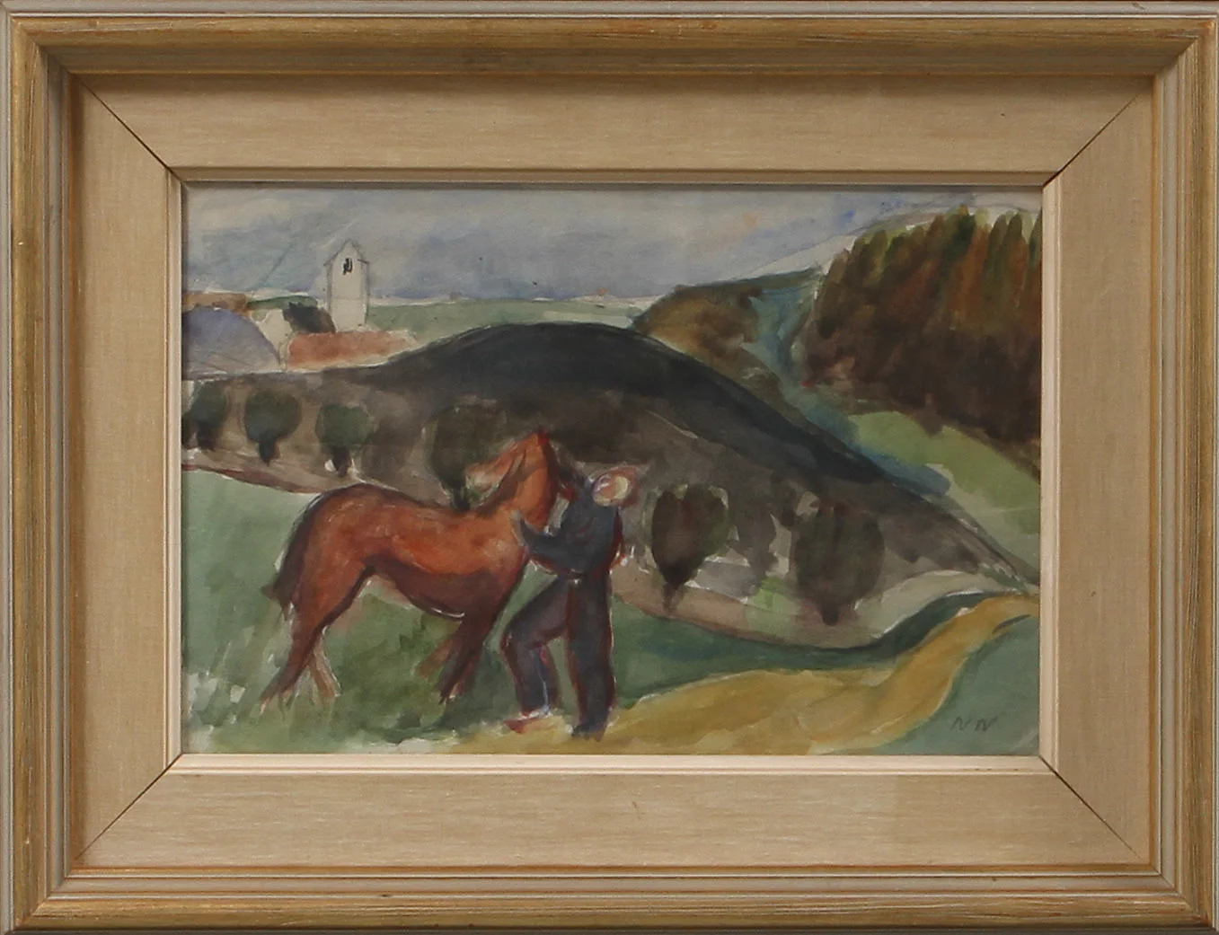 NILS NILSSON. Landskap med figur och häst, akvarell, signerad N.N. — Paintings — Göteborgs Auktionsverk