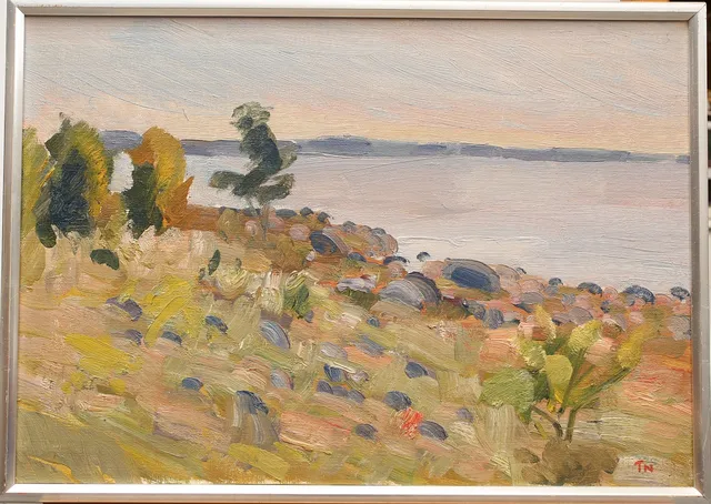 TAGE E NILSSON. Olja på pannå, "Stenig kust, Öland", signerad.