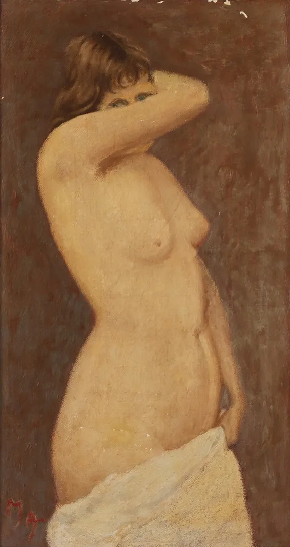 UBEKENDT KUNSTNER. Kvindeligt modelstudie, olie på lærred, signeret, midten af 1900 tallet.