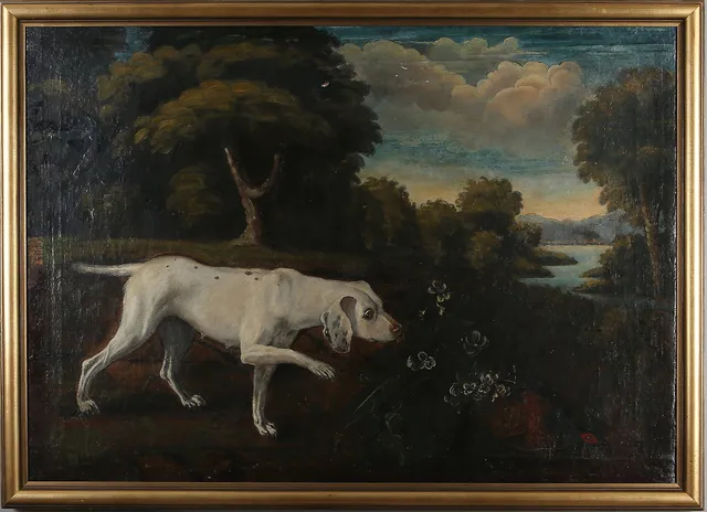 OIDENTIFIERAD KONSTNÄR. Jaktmotiv med hund och fasan efter Jean-Baptiste Oudry, olja på duk, dubblerad, osignerad, tidigt 1800-tal.