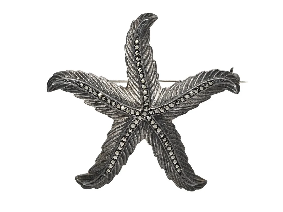 BROSCH, silver, markasiter, sjöstjärna, mått 40 x 43 mm, vikt 6,2 g. — Smycken/Brosch — Kaplans