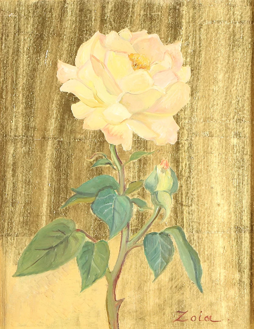 ZOIA KRUKOVSKYA LAGERKRANS. Akryl på guldbasad pannå. Stilleben med ros. Signerad. — Paintings — Skånes Auktionsverk