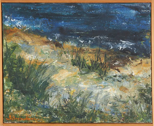 HANNA BRUNDIN (1914-2000). Strandbild, olja på duk, signerad.