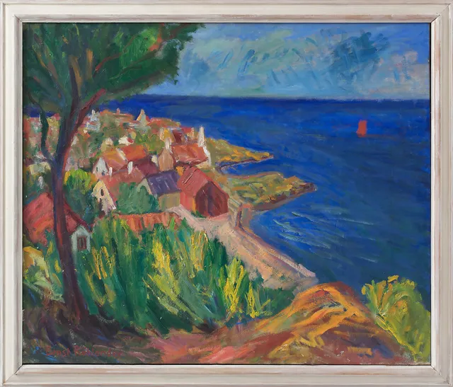 ERNST RÖHLANDER. Motiv från Gudhjem, Bornholm. Olja på duk, signerad. Utförd 1933.