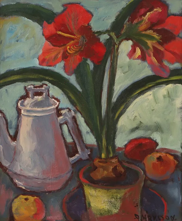 ALMA HANSSON. Stilleben med amaryllis, frukter och kanna, olja på duk, signerad A. Hansson.