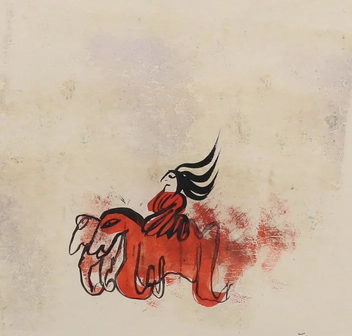 MADELEINE PYK. "Röda hästar". Blandteknik, signerad M. Pyk, daterad 1969. — Paintings — Gomér & Andersson Linköping