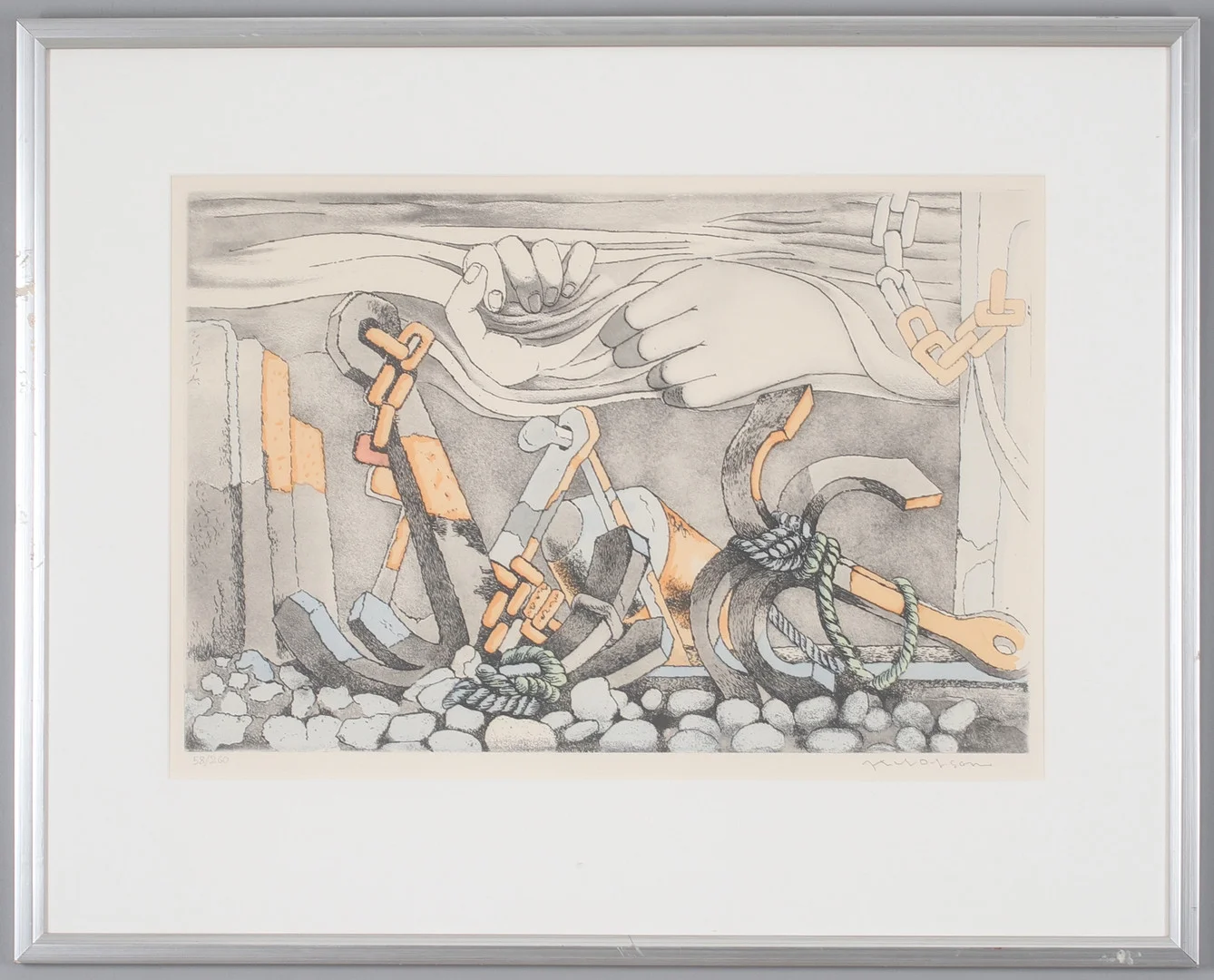 AXEL OLSON. "Ankarplats", färgetsning, signerad och numrerad 58/260. — Engravings & Prints — Stadsauktion Sundsvall