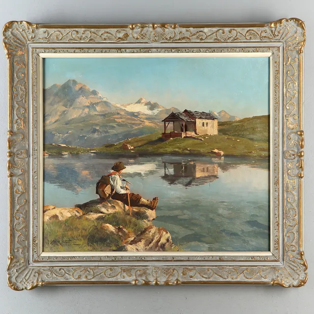 JAN BOHUMIL POSPISIL. Bergklättrare vid sjö, olja på duk, signerad.