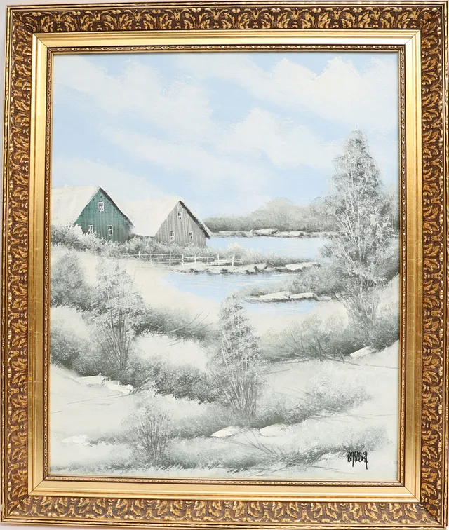 BERTIL HALLBERG. Vinterbild med stugor, oljemålning på duk, signerad.