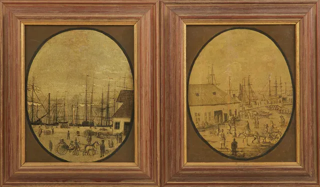 ELIAS MARTIN. HANS EFTERFÖLJARE. Utsikter från skeppsbron, 2 st, blandteknik på duk.
