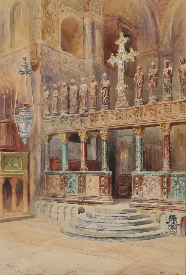 FRANS WILHELM ODELMARK. Kyrkointeriör, akvarell, signerad F.W. Odelmark 1895.