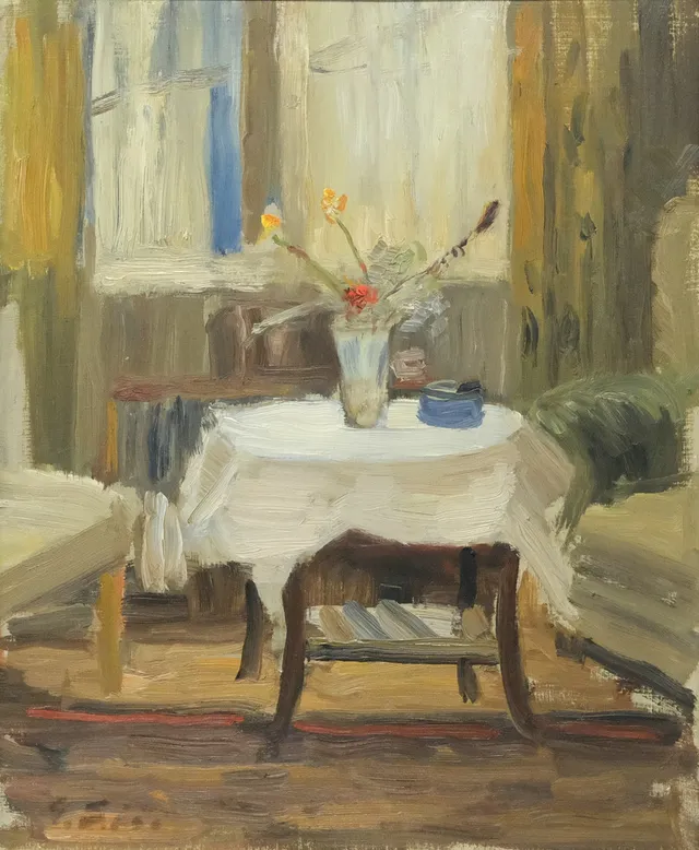 GUSTAF SJÖÖ. INTERIÖR, OLJA PÅ PANNÅ.