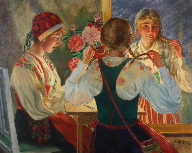 EMIL LINDGREN. Oljemålning på duk. Flickor i folkdräkter. Signerad och daterad 1929.