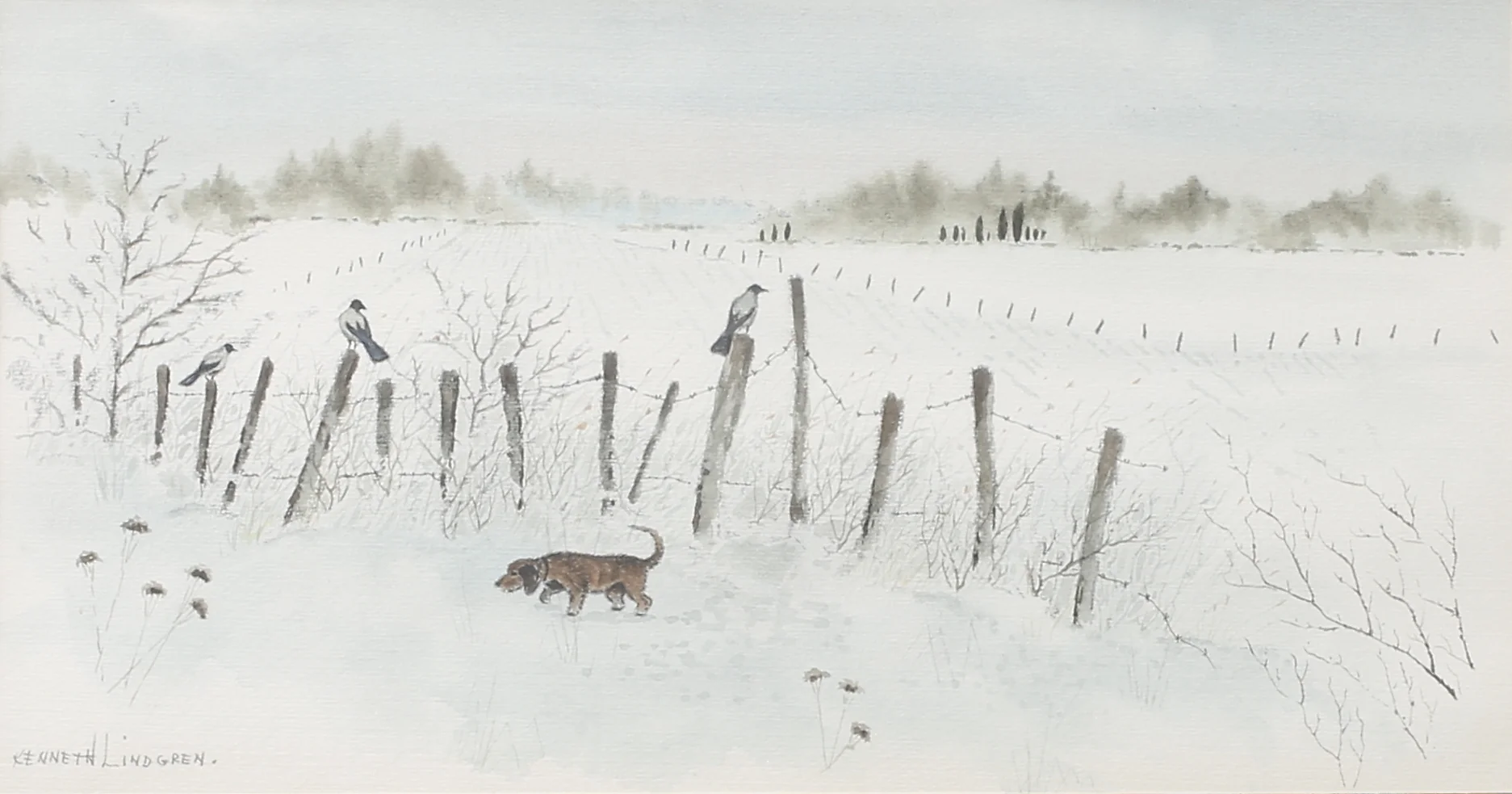 KENNETH LINDGREN. Vinterlandskap med kråkor och hund. Akvarell, signerad. — Paintings — Växjö Auktionskammare