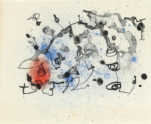 “Série II, rouge et lavis bleu”, 1961. Signed Miro, 24/30. Lithograph. Sheet size 45×60 cm.