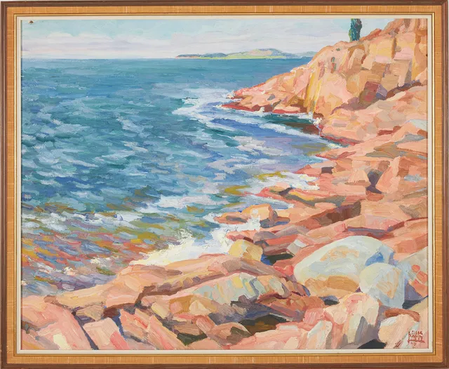 ERIK LAMM (1880-1959). Kustmotiv med klippor, olja på pannå.