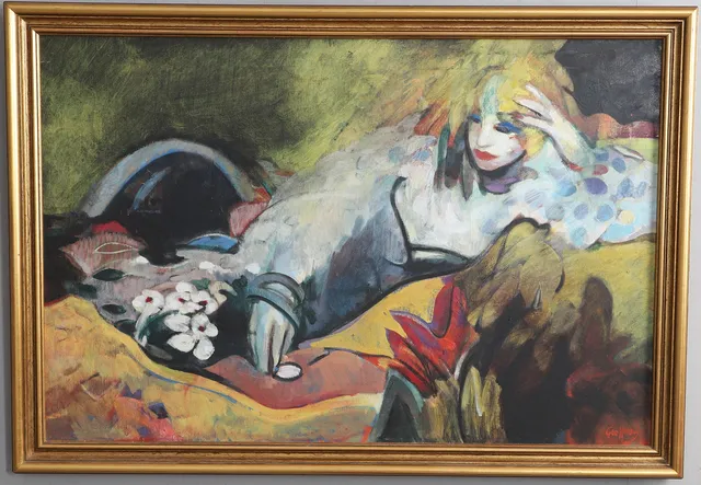 GEOFFREY HUMPHRIES (B. 1945). PORTRAIT OF A WOMAN RECLINING ON A BED (1979).