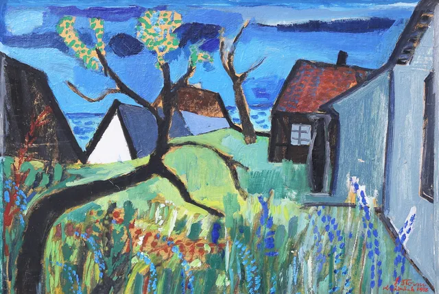 SVEN STORM. "Vid havet Österlen", olja på pannå, signerad, daterad 1956.