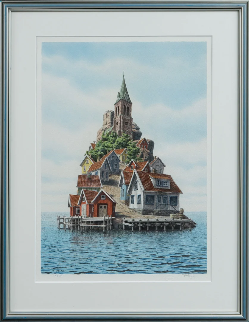 PETER ENGBERG. "Fiskeläge", färglitografi, signerad och numrerad 159/300. — Engravings & Prints — Göteborgs Auktionsverk