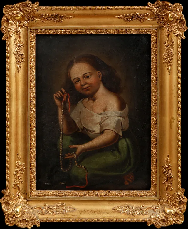 OKÄND KONSTNÄR. Flicka med pärlhalsband, olja på duk.