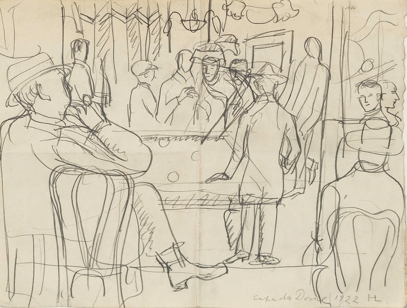 HILDING LINNQVIST. "Café du Dorne" blyetsteckning, monogramsignerad och daterad 1922. — Drawings — Auktionshuset Kolonn