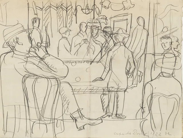 HILDING LINNQVIST. "Café du Dorne" blyetsteckning, monogramsignerad och daterad 1922.