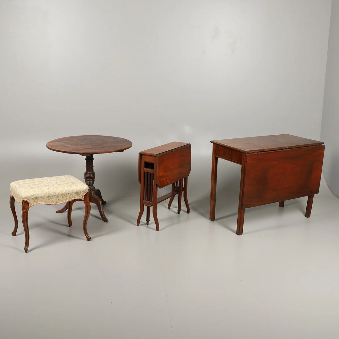 A GEORGE III OAK TRIPOD TABLE, A FOLD TOP TABLE, SUTHERLAND TABLE AND A STOOL. — Tables — Lawrences Auctioneers
